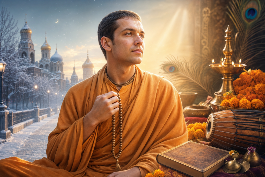 Russian seeker in saffron Hare Krishna robes holding japa beads between a snowy city street and a warm Vaishnava temple setting.