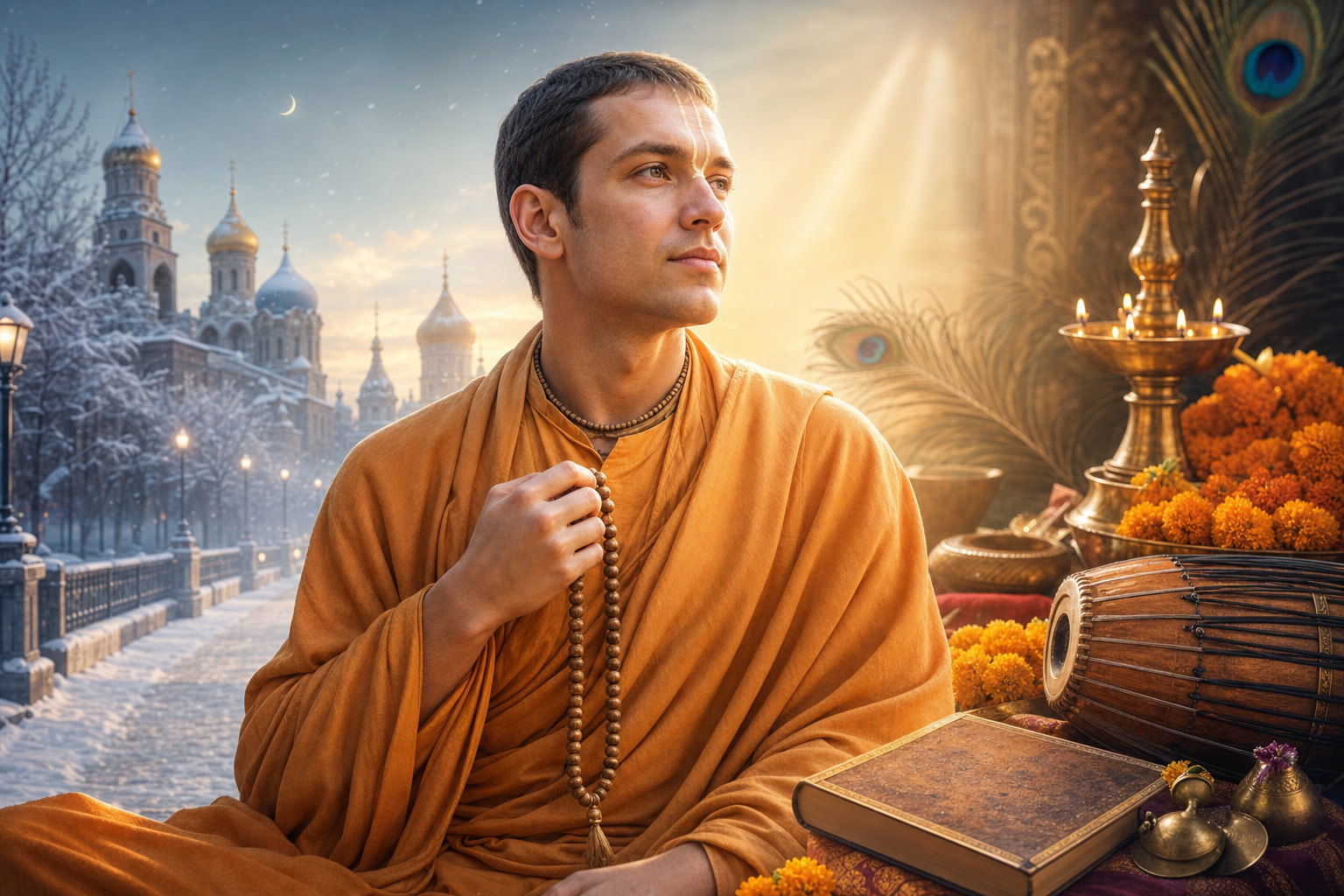 Russian seeker in saffron Hare Krishna robes holding japa beads between a snowy city street and a warm Vaishnava temple setting.