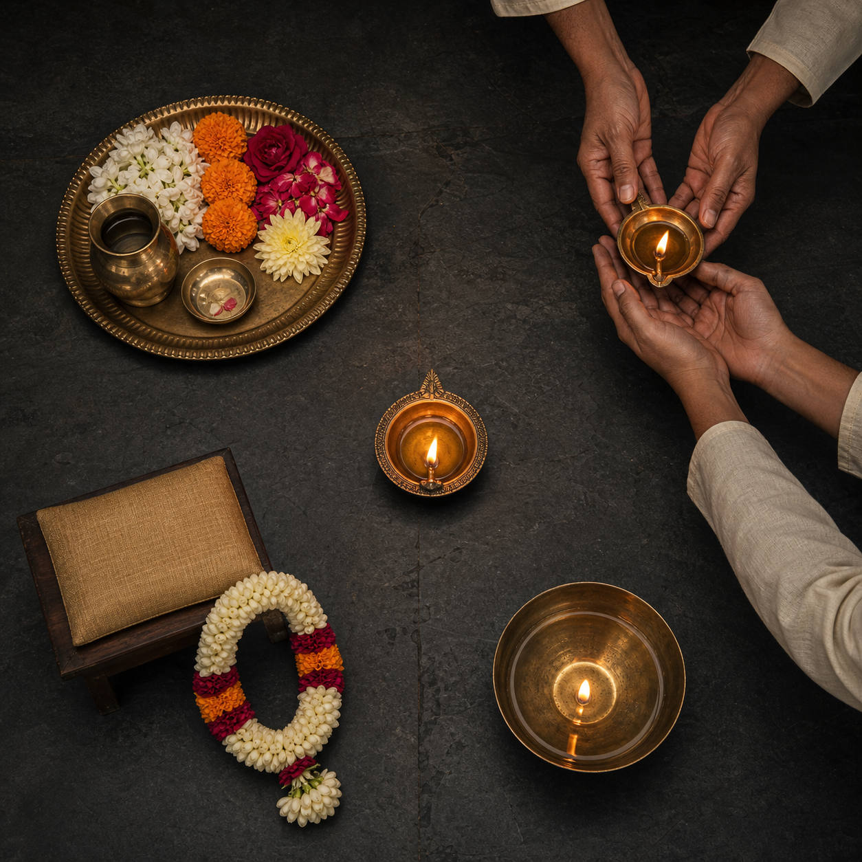 Four devotional arrangements surround an oil lamp: a puja tray, hands passing a lamp, a garland before an empty seat, and a brass bowl reflecting the flame.