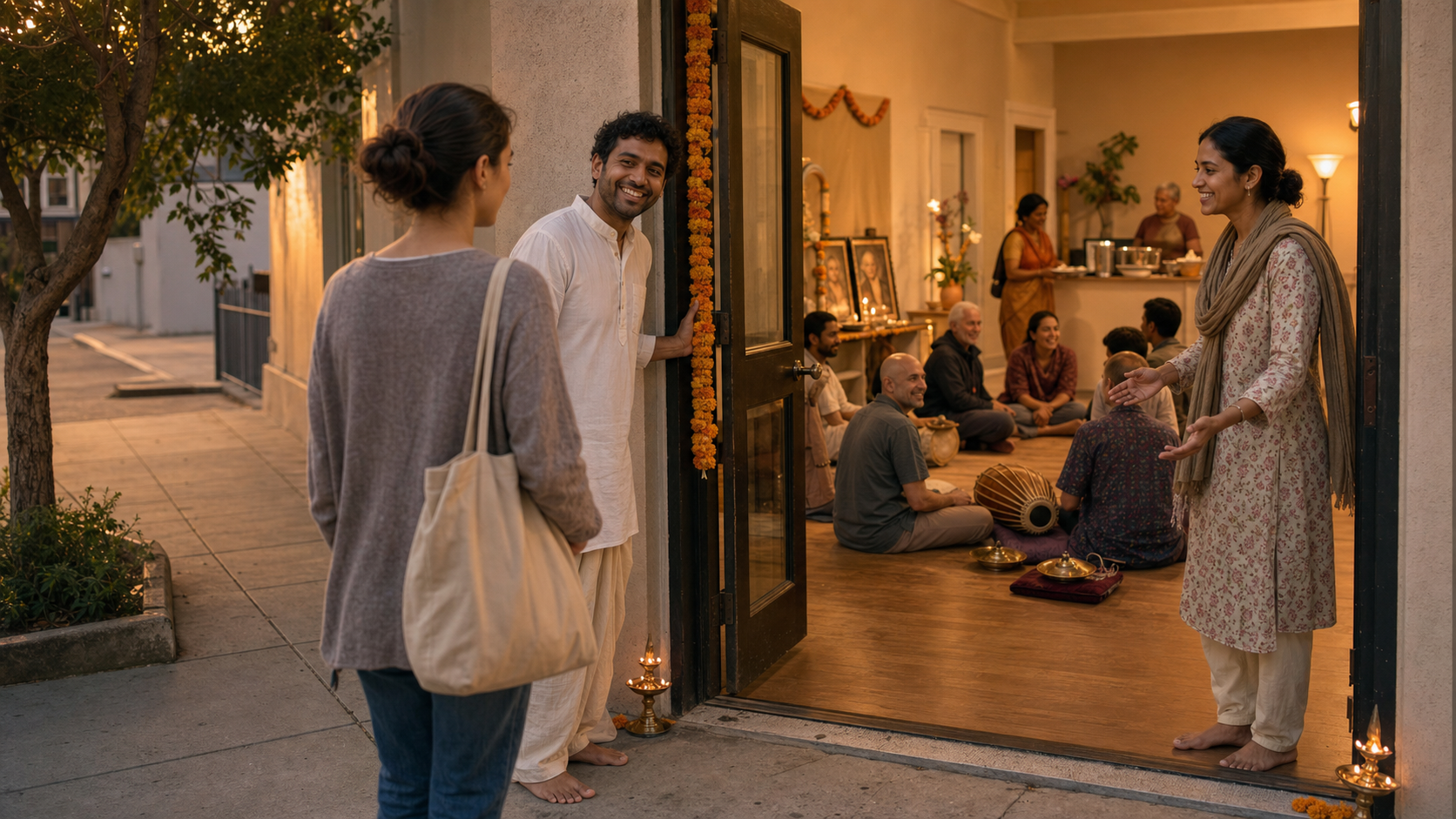 A newcomer stands at the open entrance of a Krishna-bhakti community center as two volunteers welcome them and a diverse gathering sits inside.