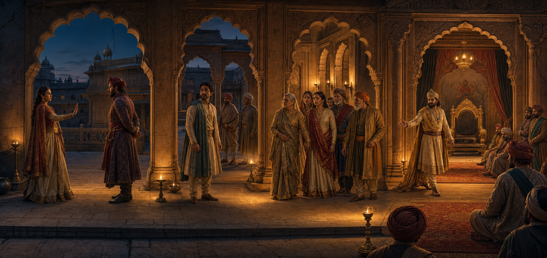 Four connected palace scenes show a woman setting a boundary, a witness responding, elders offering support, and a ruler opening a hearing.