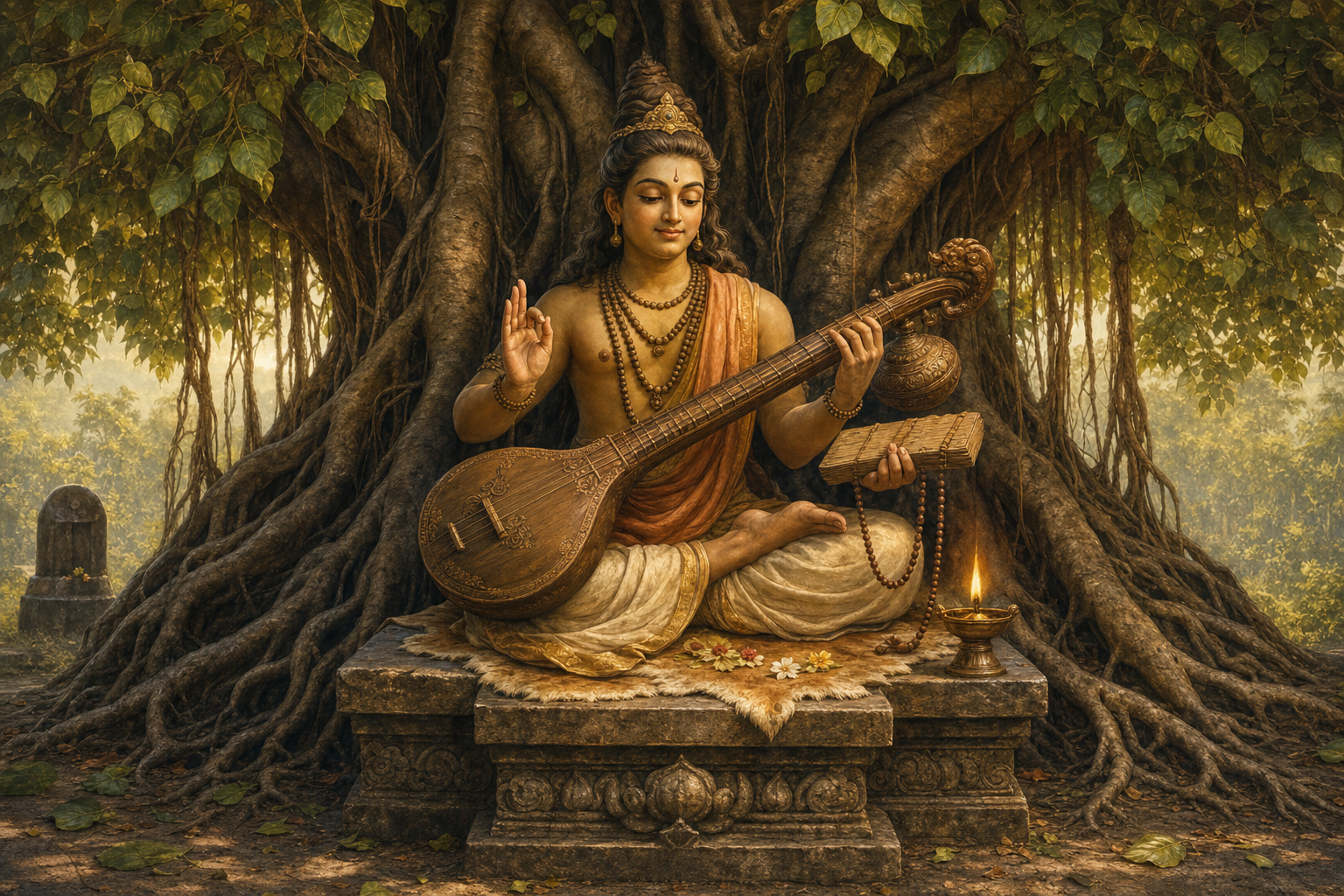 A complete Jnana Shasta shrine shows the seated teacher beneath banyan roots with a veena, manuscript, prayer beads, and oil lamp arranged around the pedestal.