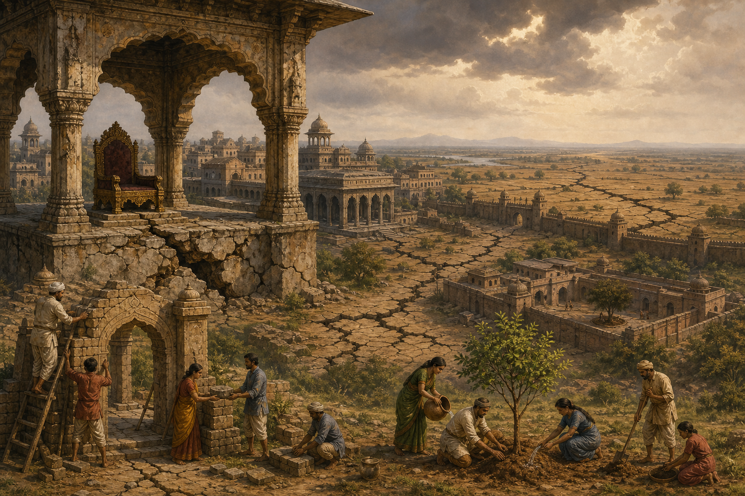 Cracks spread from a neglected palace throne toward a courtyard and dry fields while people repair a gateway and tend a young tree.