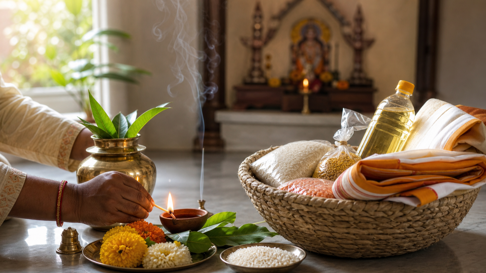 Hands light an earthen lamp beside flowers, fruit, rice, a brass water vessel, and a basket of goods prepared for donation.