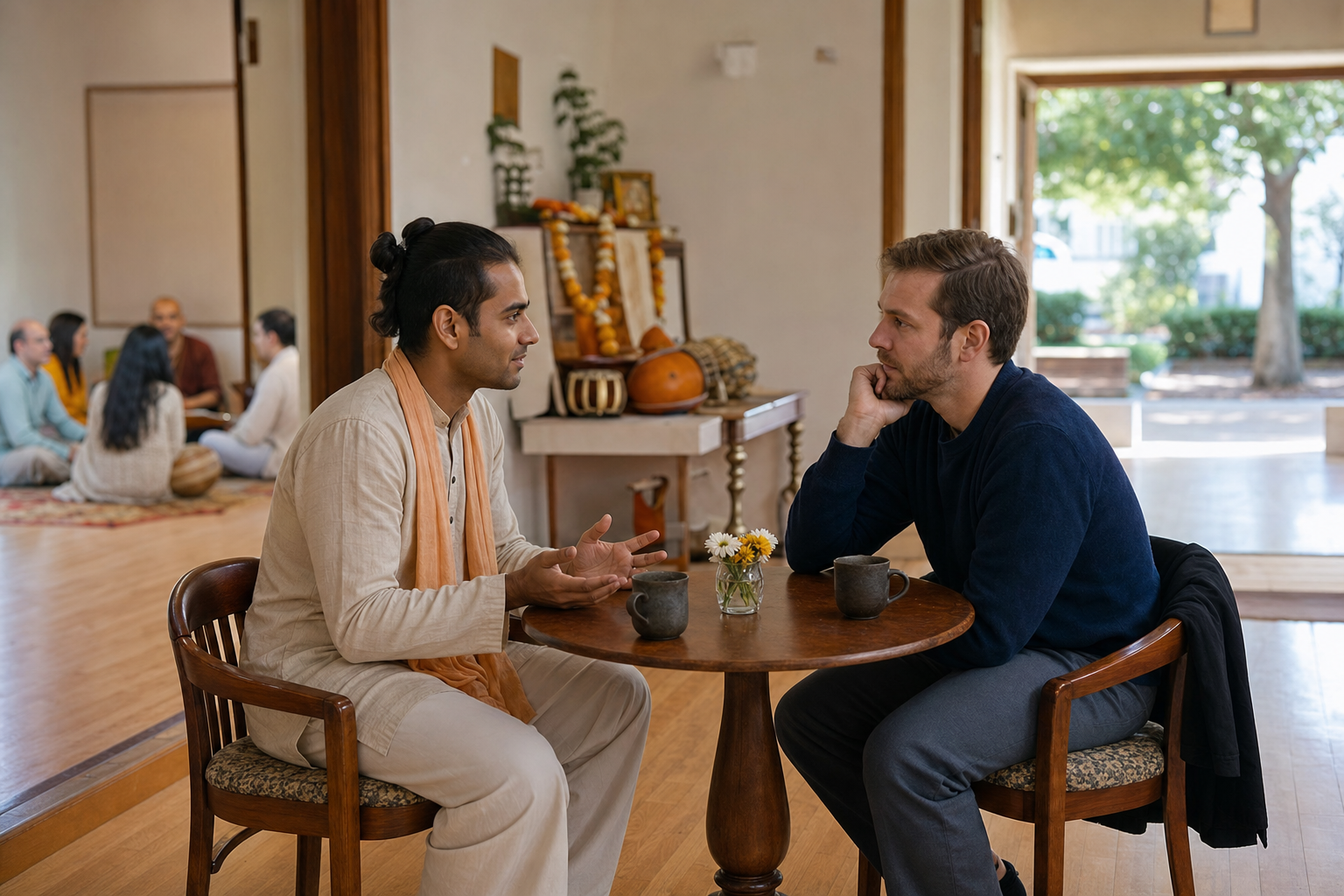 A community volunteer listens to a newcomer at a small table beside open paths to both a group gathering and an exterior door.