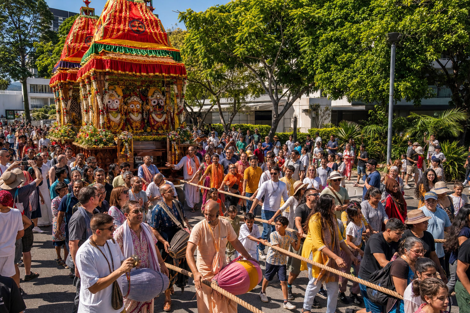 A decorated Ratha Yatra chariot carrying Jagannath, Balabhadra, and Subhadra moves through a Brisbane street as a diverse crowd pulls ropes and sings kirtan.