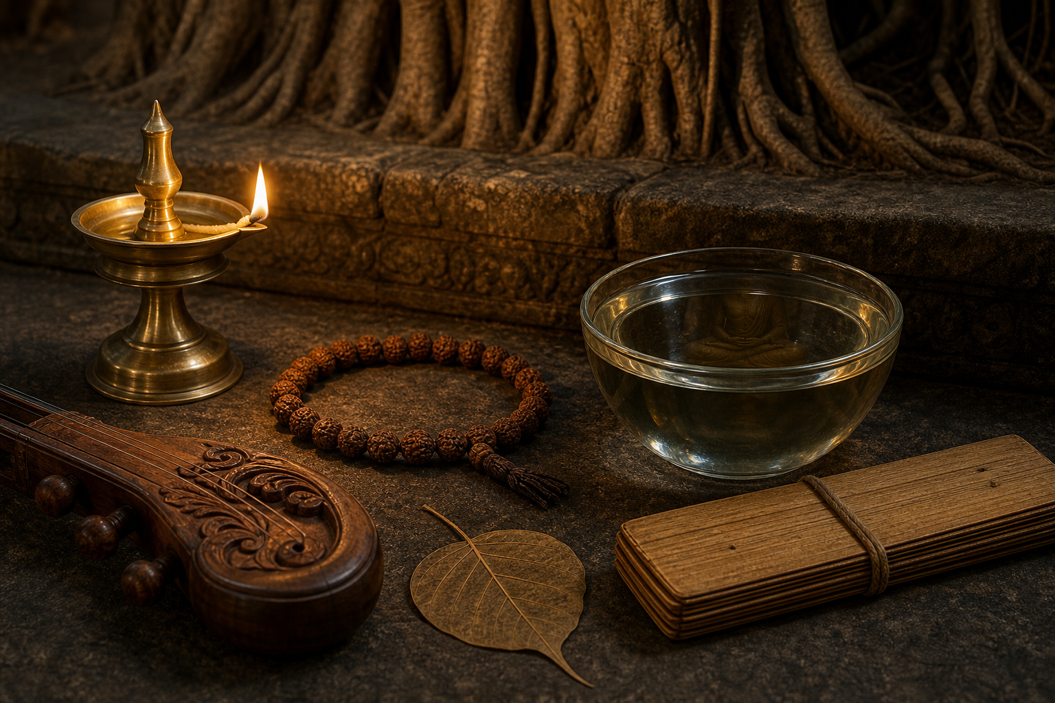 A brass lamp, prayer beads, veena, palm-leaf manuscript, banyan leaf, and bowl of water rest together at the base of a shrine.