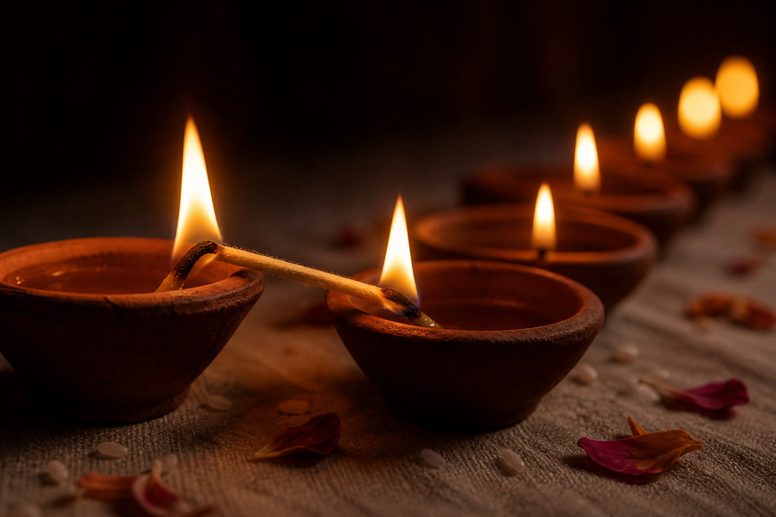 One burning earthen lamp is used to light a row of additional clay lamps on a woven cloth.