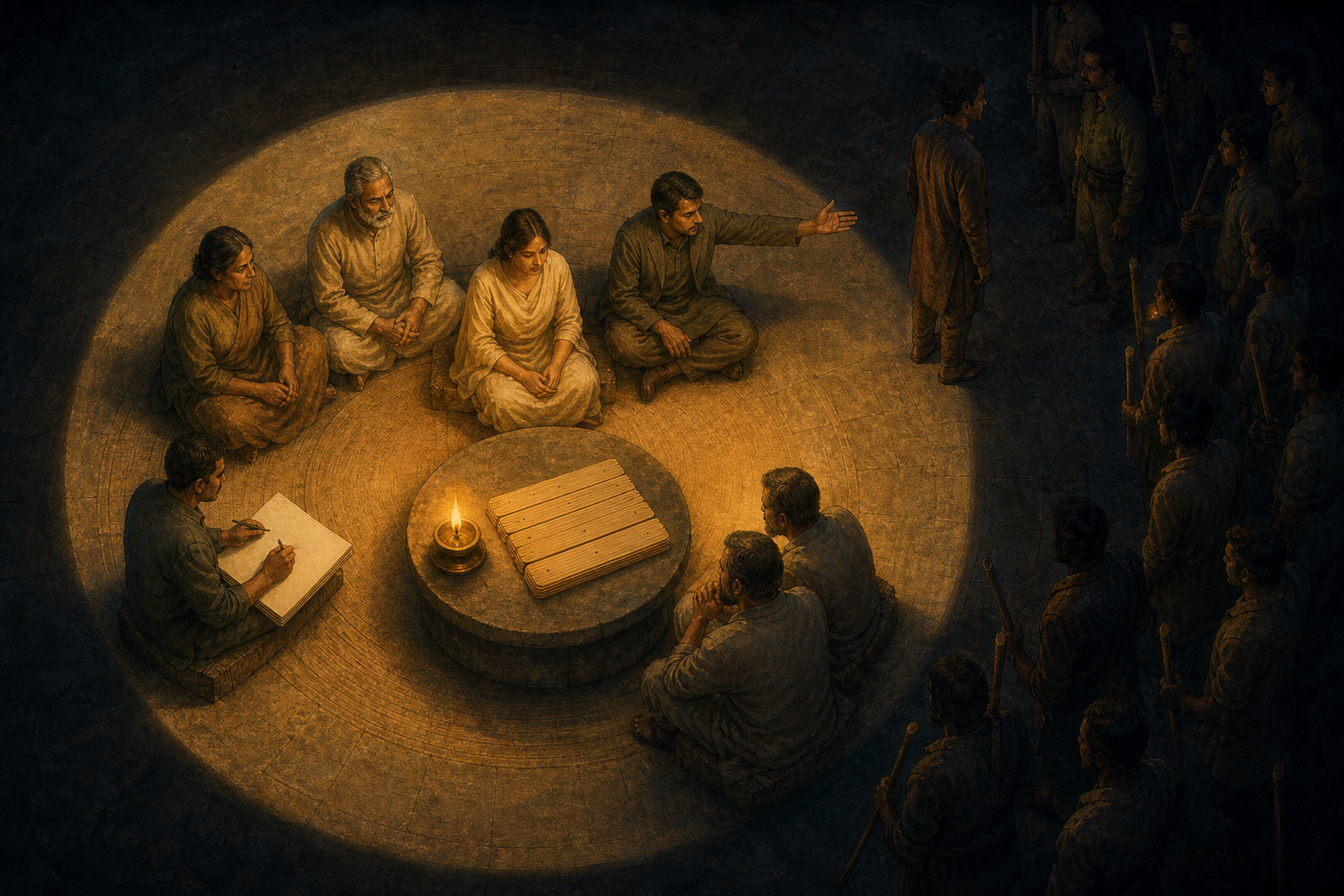 An oil lamp illuminates a protective council around a woman and an orderly hearing while an armed crowd remains outside the circle of light.