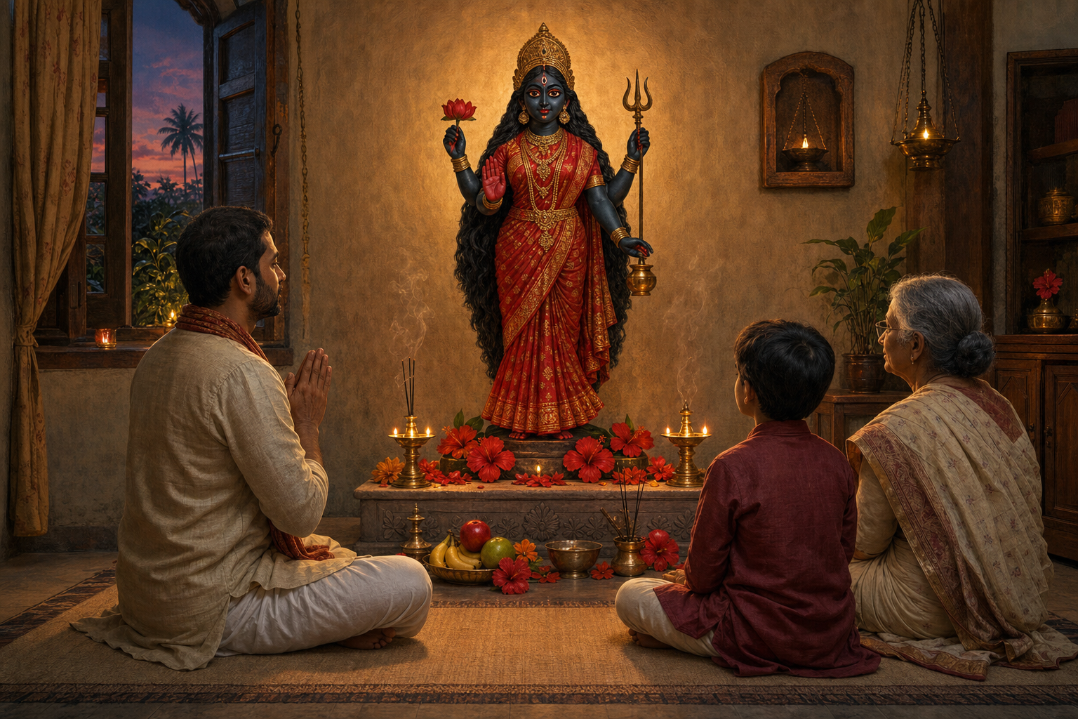 A family sits before a small household altar with a fierce blue-black image of Kali, an oil lamp, red hibiscus flowers, fruit, incense, and water.