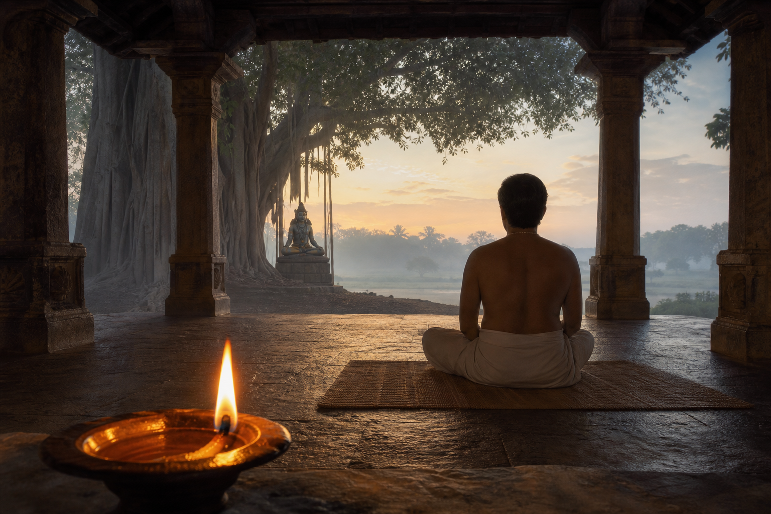 A seated practitioner faces Jnana Shasta beneath a banyan tree, with a glowing oil lamp in the foreground and pale dawn sky beyond.