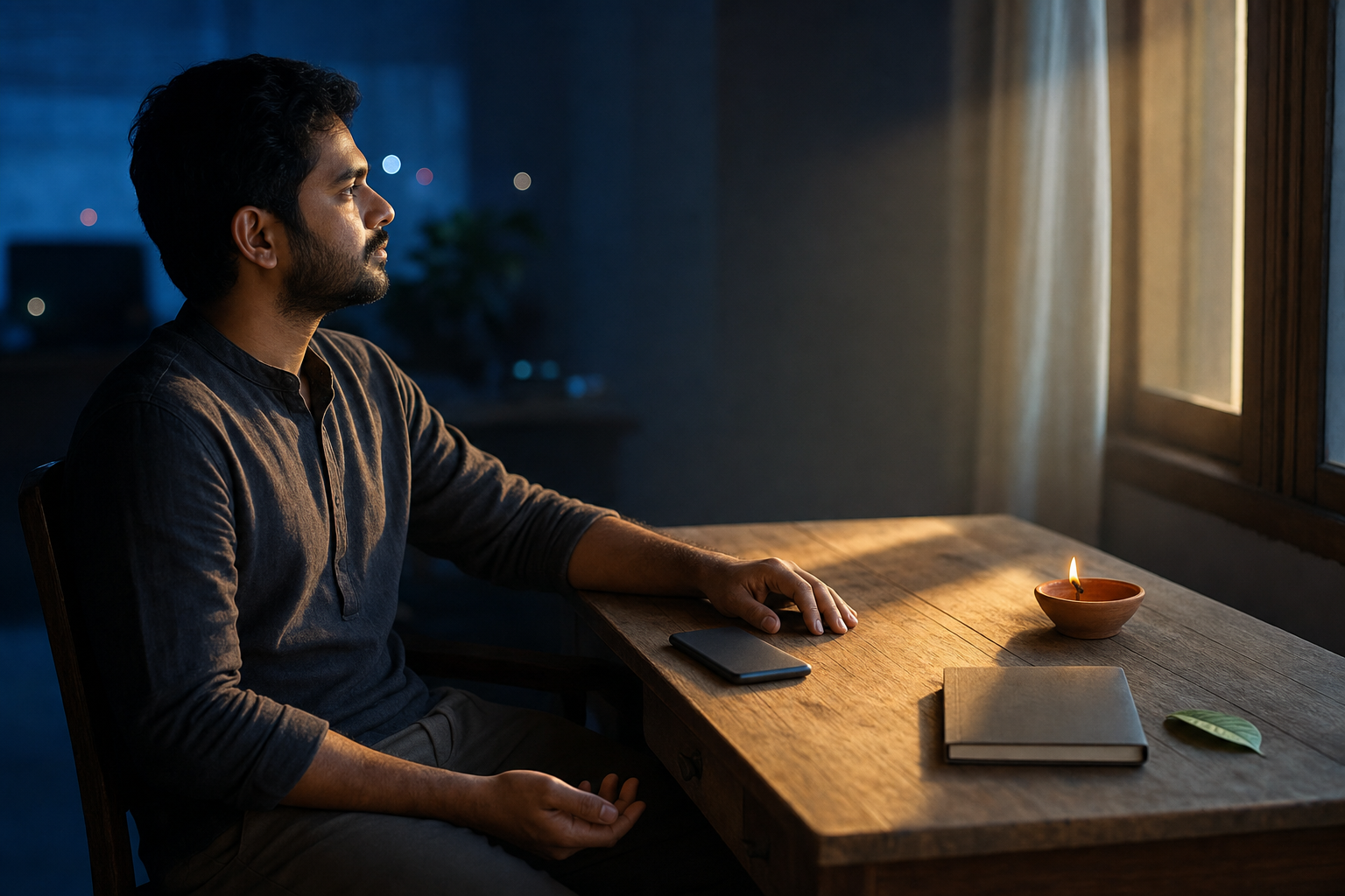 A person sits calmly at a dawn-lit desk with a smartphone placed face down beside a notebook and clay lamp.