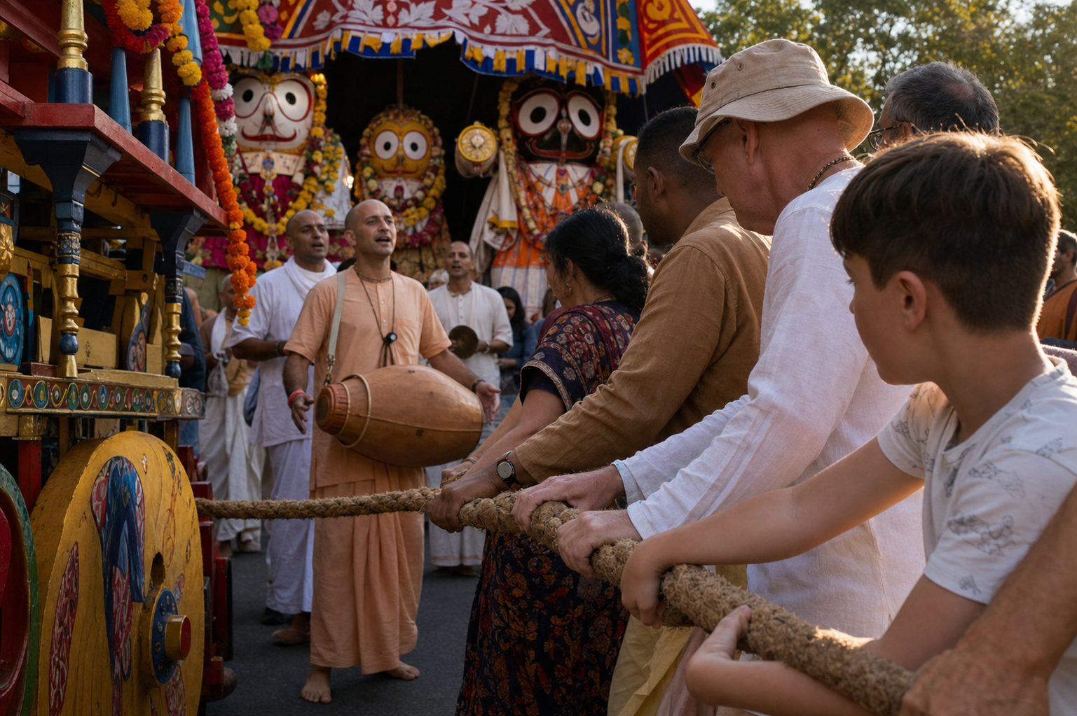 Hands hold a thick chariot rope while drum and cymbal players accompany the sacred forms of Jagannath, Balabhadra, and Subhadra.