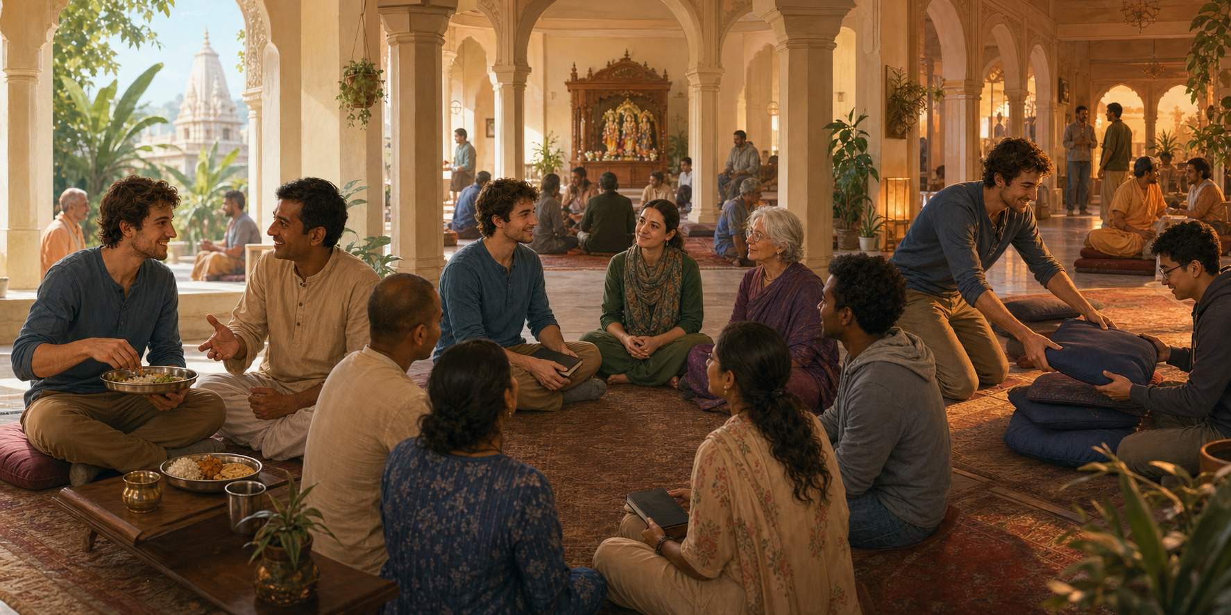 Three connected scenes show a newcomer sharing a meal, joining a small discussion, and later arranging cushions with a peer mentor.