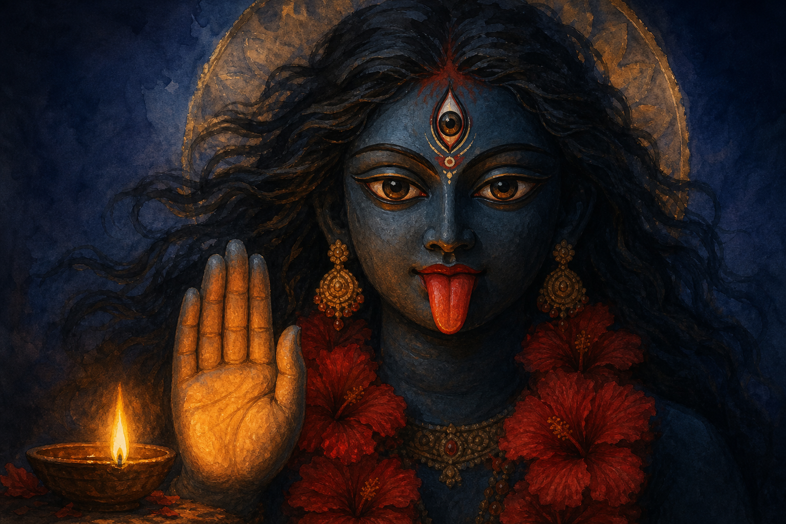 A close view of a blue-black Kali image with wide eyes, a red tongue, and one palm raised in a protective gesture beside an oil lamp.