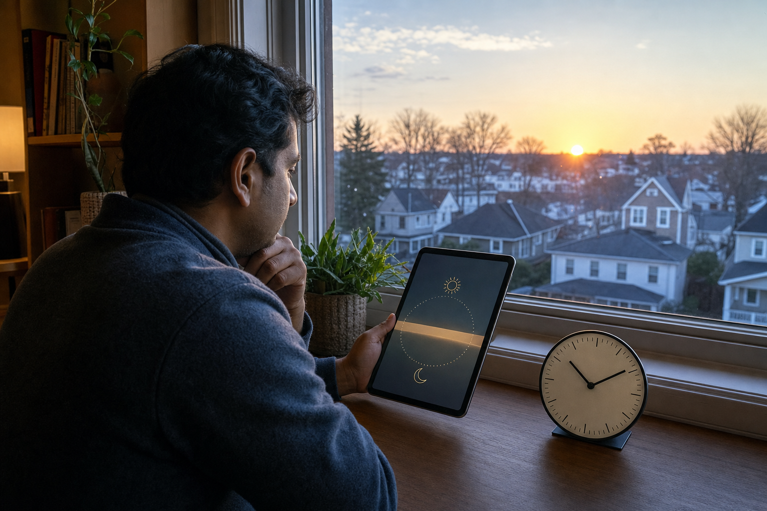A person checks sun and moon symbols on a tablet beside an analog clock while dawn appears over the local neighborhood.