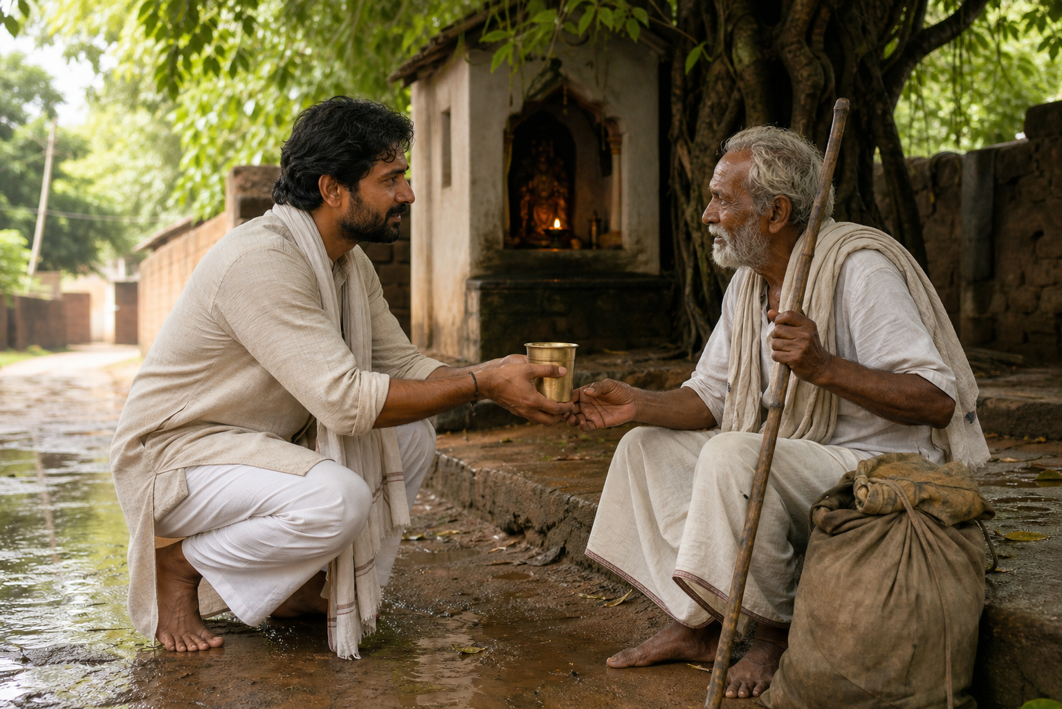 A practitioner offers a brass cup of water to an elderly traveler on a village path, with a banyan shrine visible in the background.