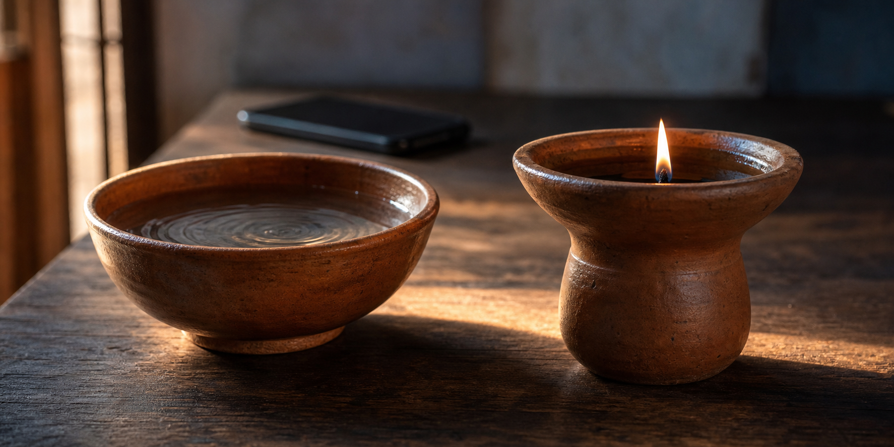 Two different clay vessels sit in warm light, one holding still water and the other supporting a small oil flame, with a dark smartphone behind them.
