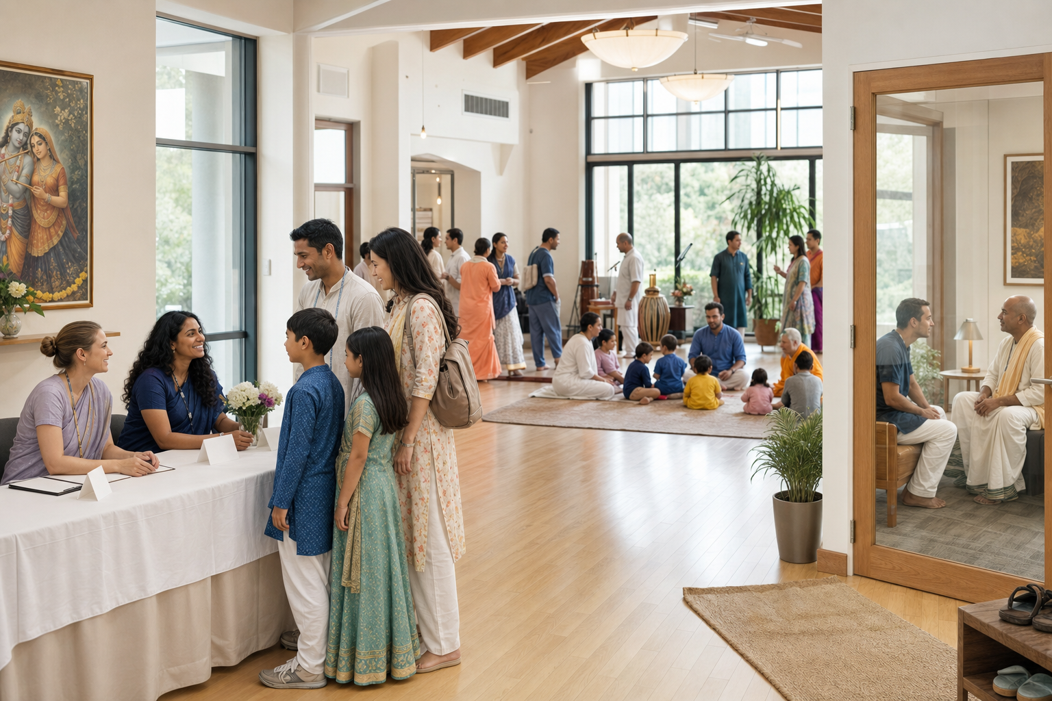 Volunteers welcome a family in an open community hall with supervised activity areas, clear sightlines, and glass-paneled rooms.