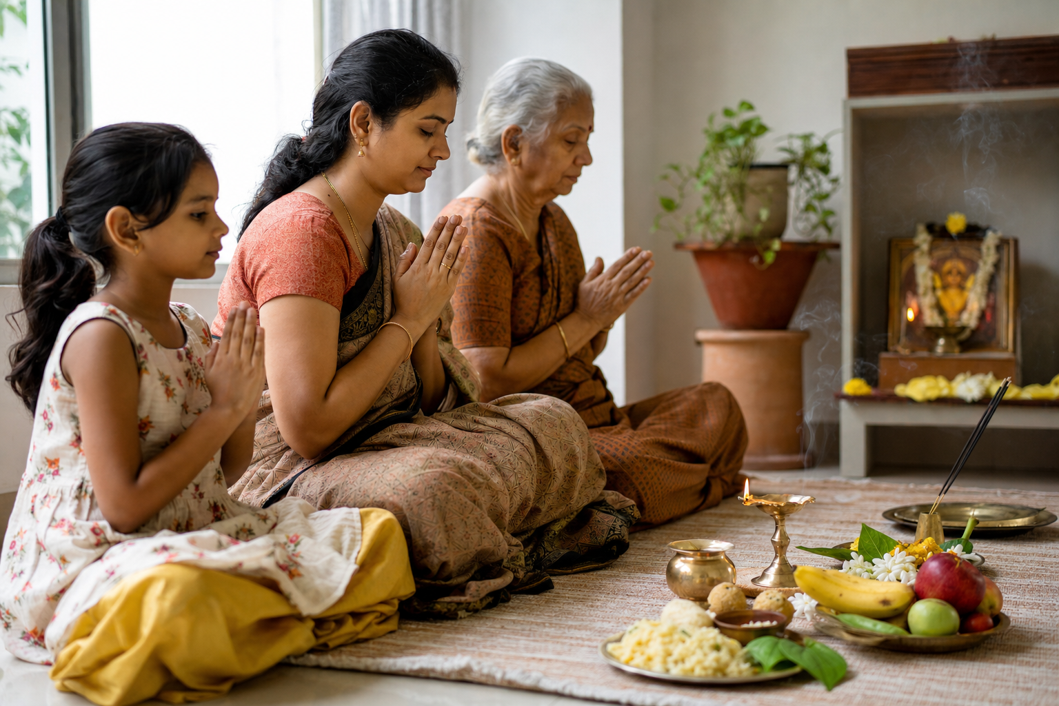 Two generations of a family pray before a simple home altar with a lamp, water, flowers, leaves, fruit, and food offerings.