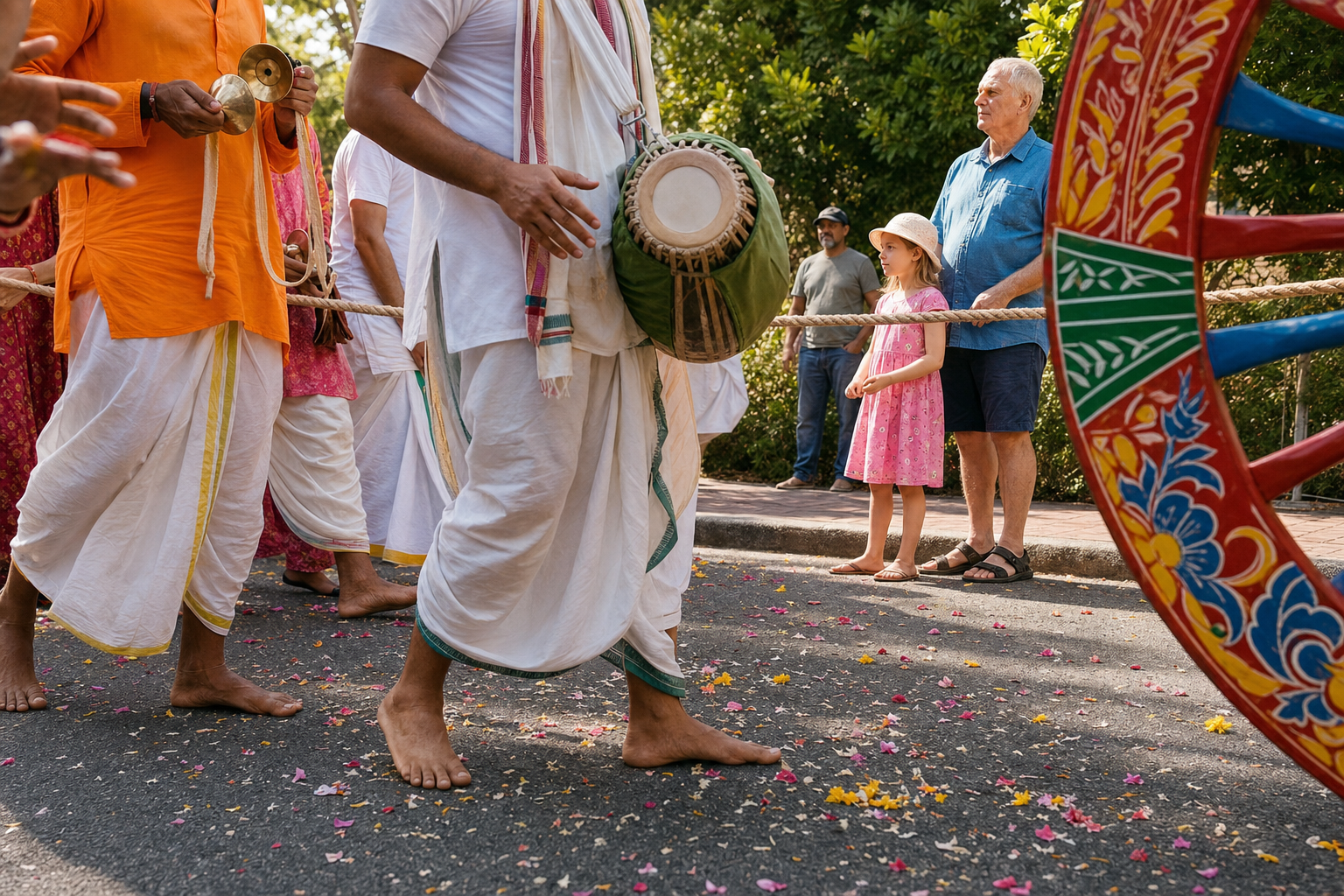 Flower petals, moving feet, hand cymbals, a drum, a pulling rope, and a painted chariot wheel fill a close street-level view of the procession.