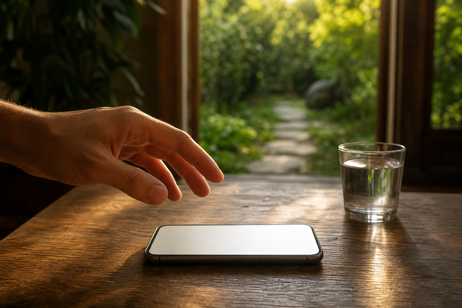 A relaxed hand pauses above a glowing smartphone while an open doorway reveals a sunlit garden path.