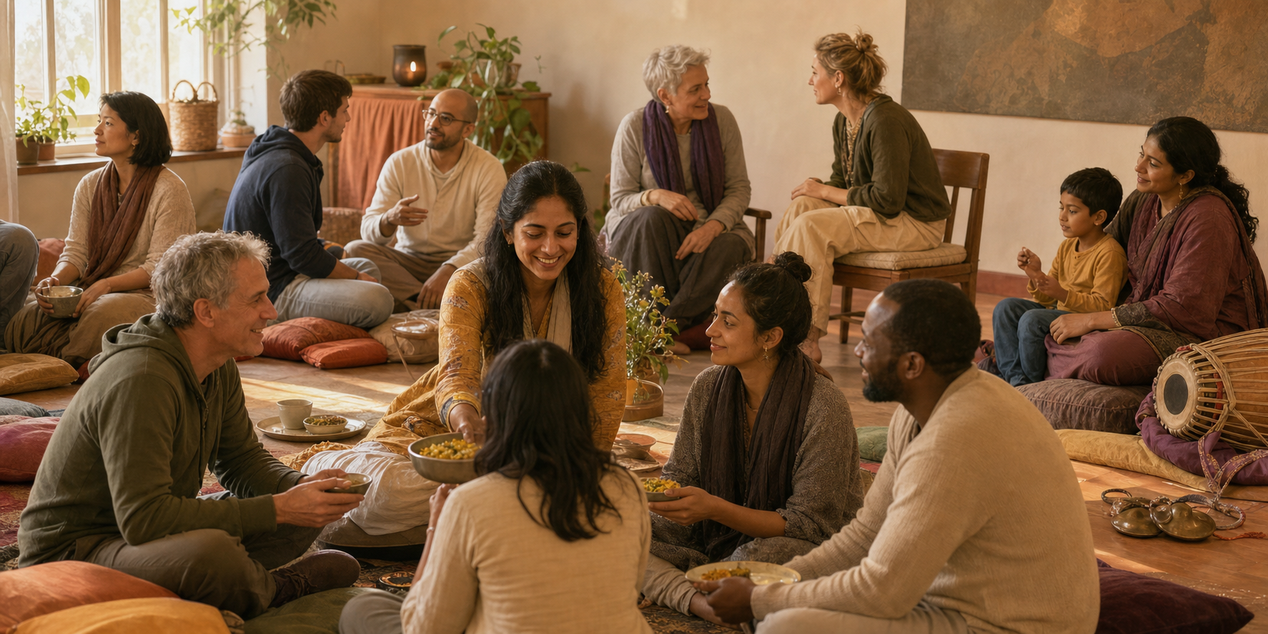 Participants sit in an informal circle after a gathering, talking, listening, serving food, and making space for newcomers and families.