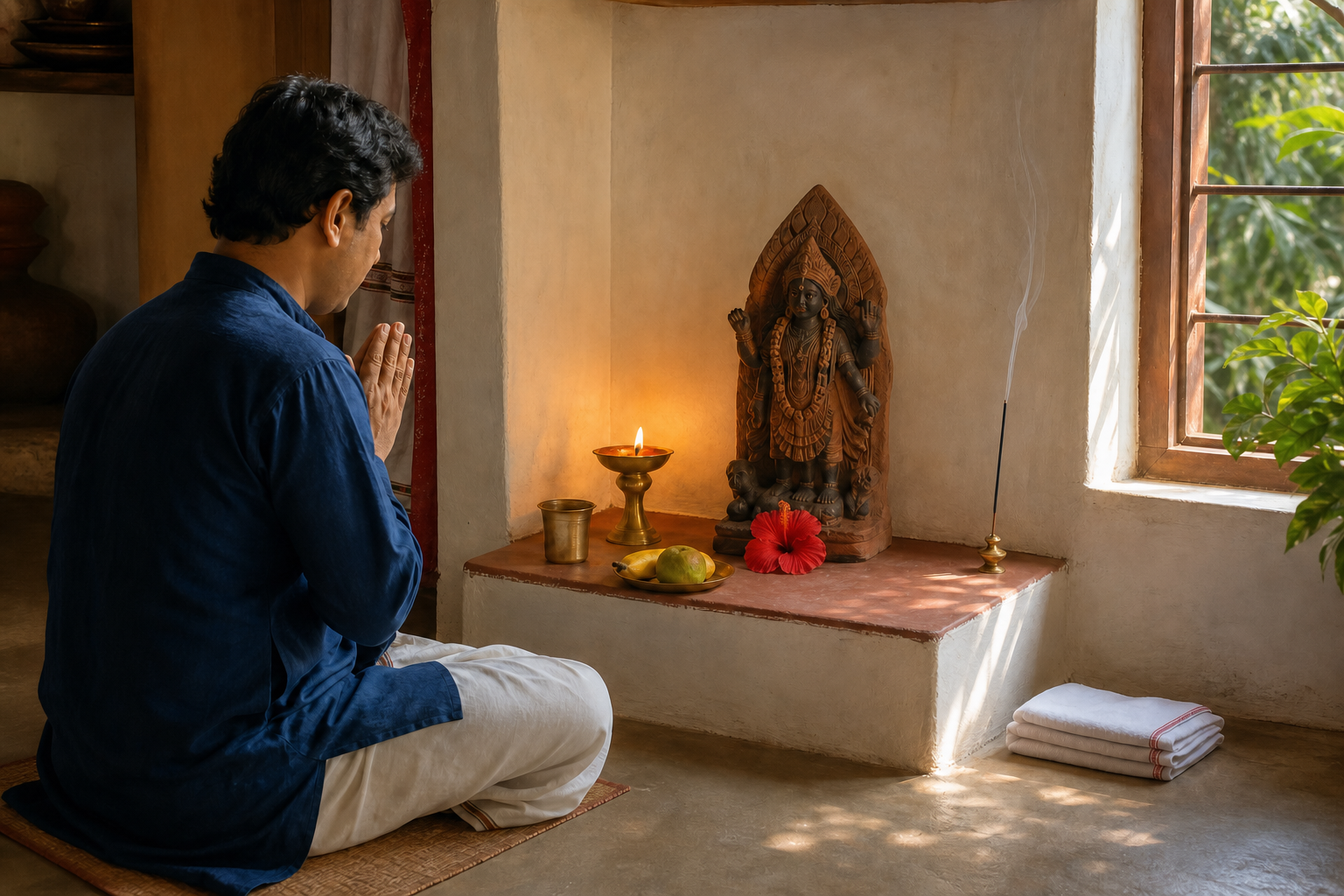 A devotee offers a red hibiscus at a simple household Kali altar with a lamp, water, fruit, and incense in morning light.