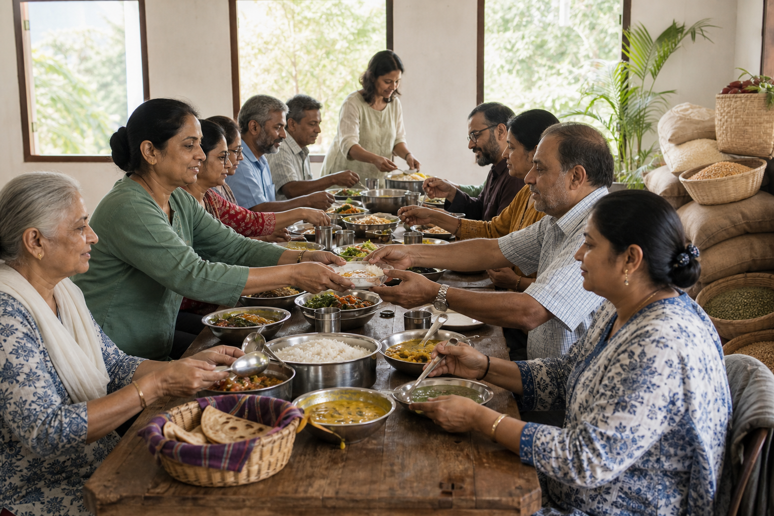 Adults pass bowls of vegetarian food around a community meal table, with donated rice, lentils, and grocery baskets nearby.