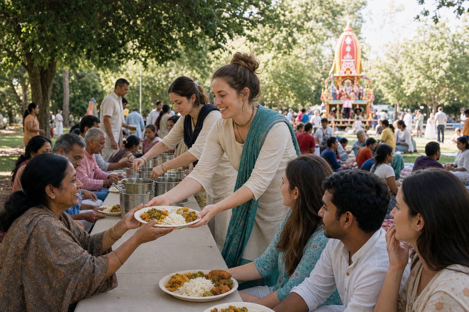 Volunteers serve vegetarian prasadam to a multicultural group of families and visitors gathered in a shaded Brisbane park.