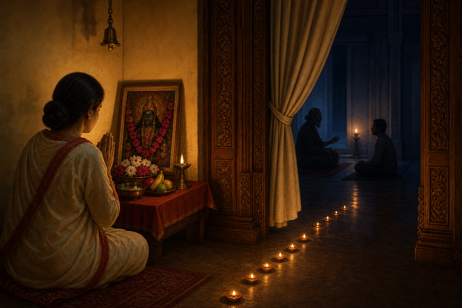 A simple home altar stands in the foreground while two figures sit in a separate sacred room beyond a curtained doorway.