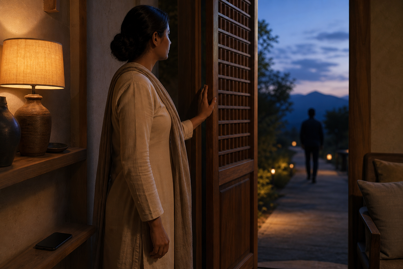 A person calmly holds a partially closed lattice door as another figure walks away outside, while a dark smartphone rests on a shelf.