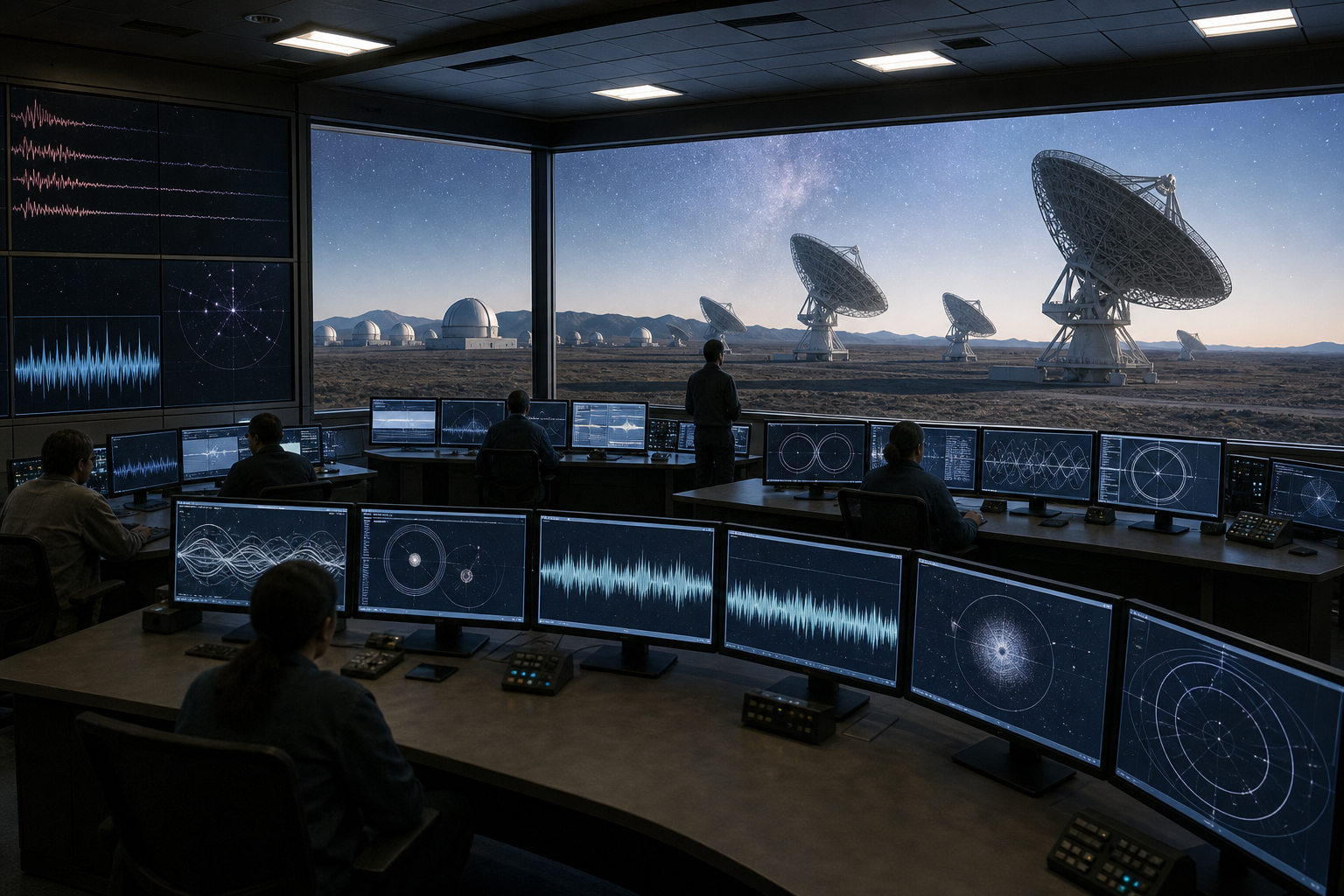 Researchers in an observatory compare an abstract celestial signal while radio telescopes stand outside.
