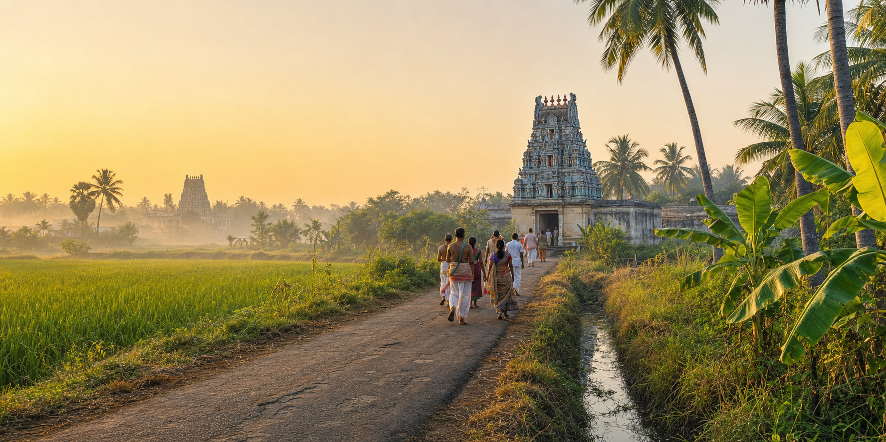 Pilgrims approach a Vaishnava temple among paddy fields, palms, and distant temple towers in the rural Thirunangur landscape.