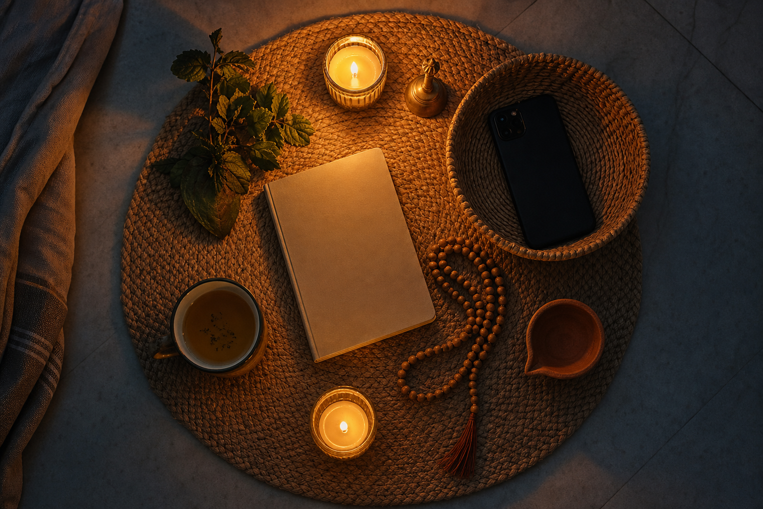 A face-down smartphone rests in a woven basket beside a clay lamp, blank notebook, tea, beads, and a basil sprig.
