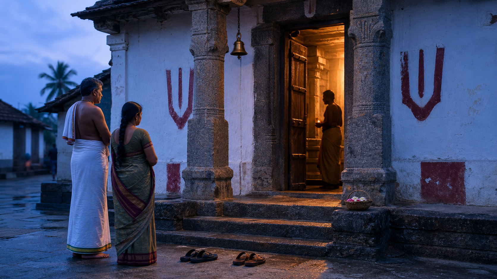 Pilgrims walk along a rural lane between rice fields and small temple gateways in the Thirunangur landscape.