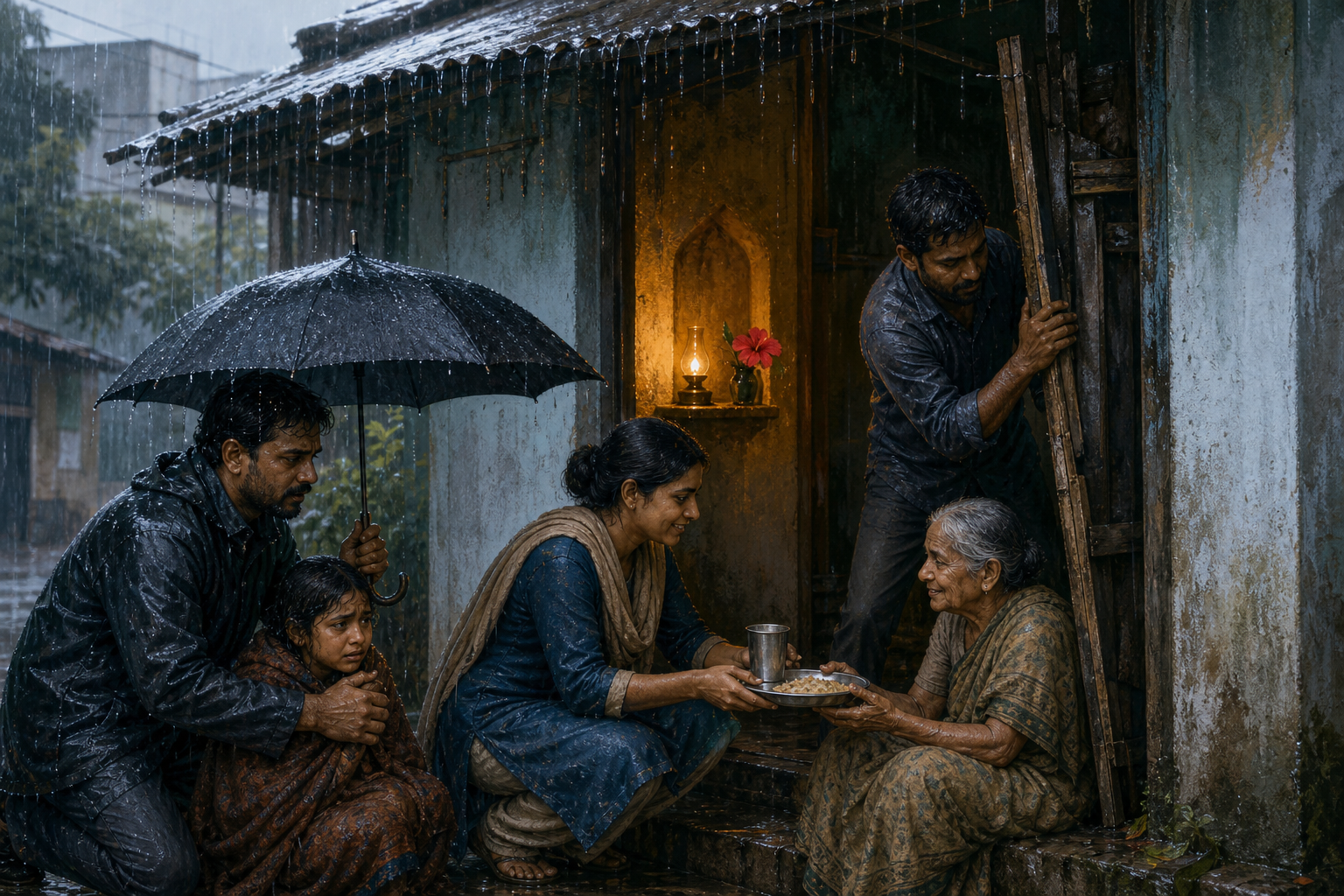 Neighbors help a child and an older person with shelter, food, and water during heavy rain, while a lamp and red hibiscus sit inside a doorway.