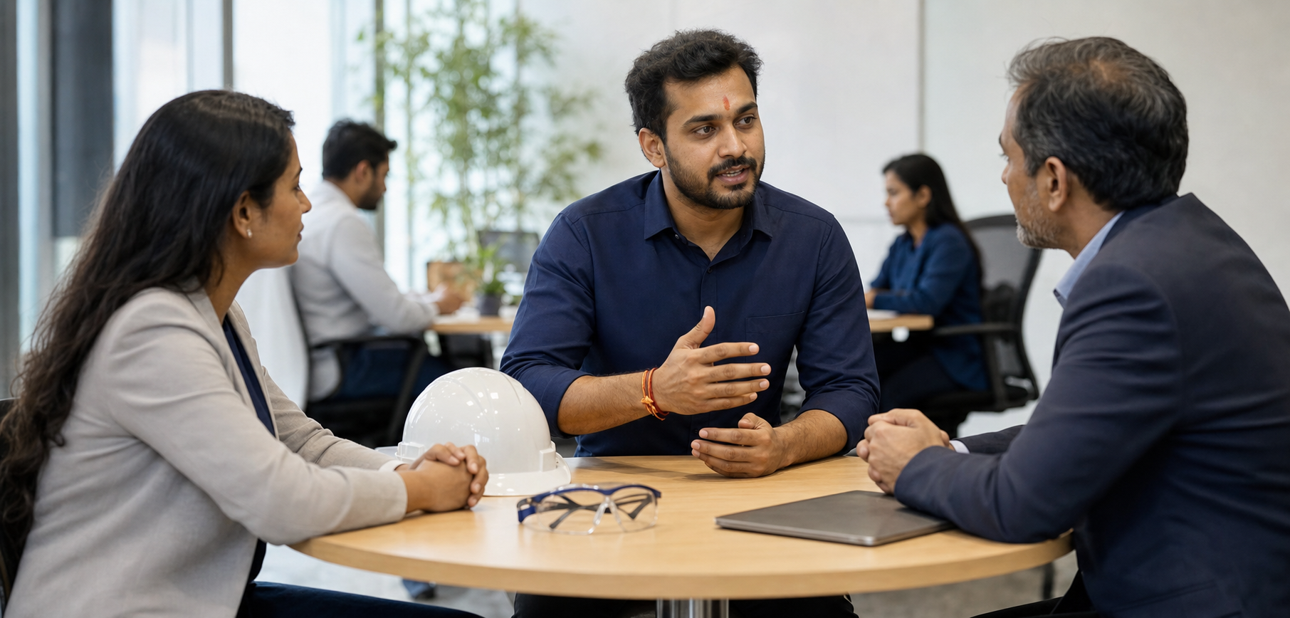 A Hindu professional wearing a small tilak and wrist thread discusses a workplace rule with a manager and an HR representative beside safety equipment.