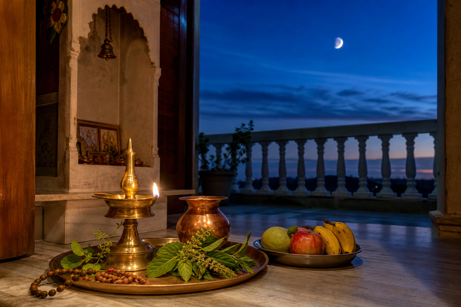 A brass oil lamp, tulsi leaves, copper water vessel, prayer beads, and fruit arranged in an Indian home prayer space beneath a waxing moon at twilight.