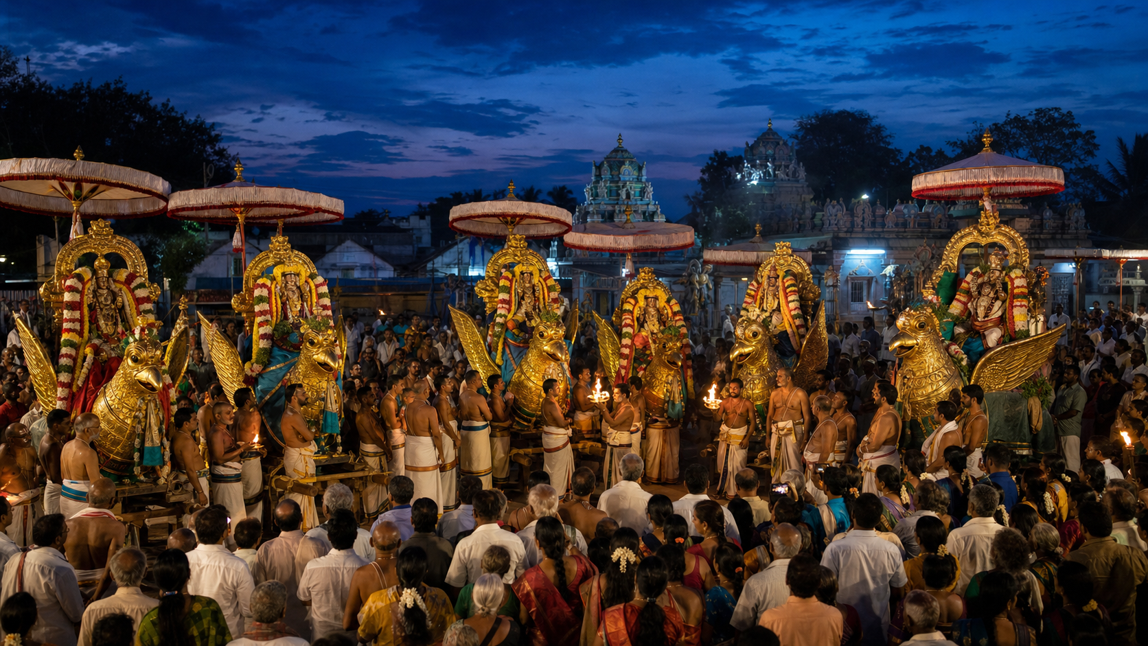 Devotees gather at dusk around eleven flower-decorated Vishnu processional images mounted on Garuda vahanas during Garuda Sevai.