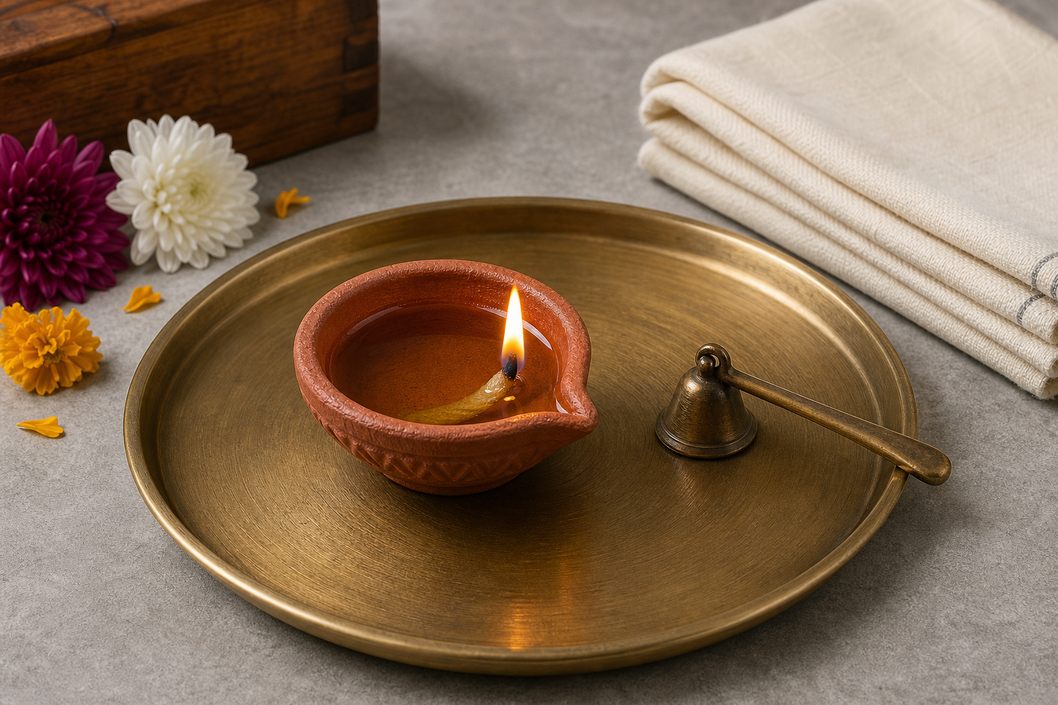 A clay diya burns on a stable brass tray with a trimmed wick and a metal snuffer nearby, separated from cloth and other flammable objects.