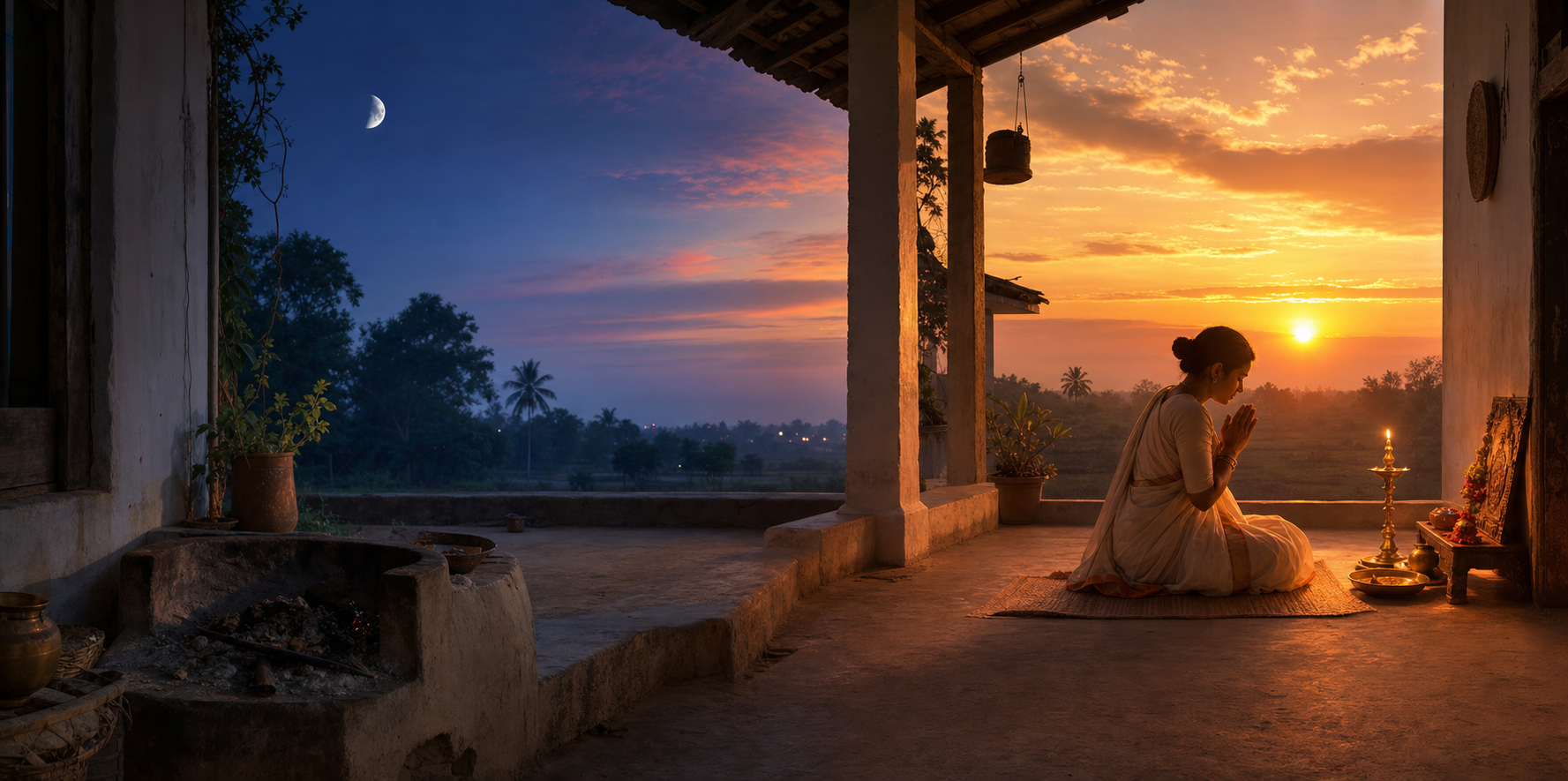 A family prepares flowers, a puja tray, and a copper water vessel beside a home altar as evening falls.