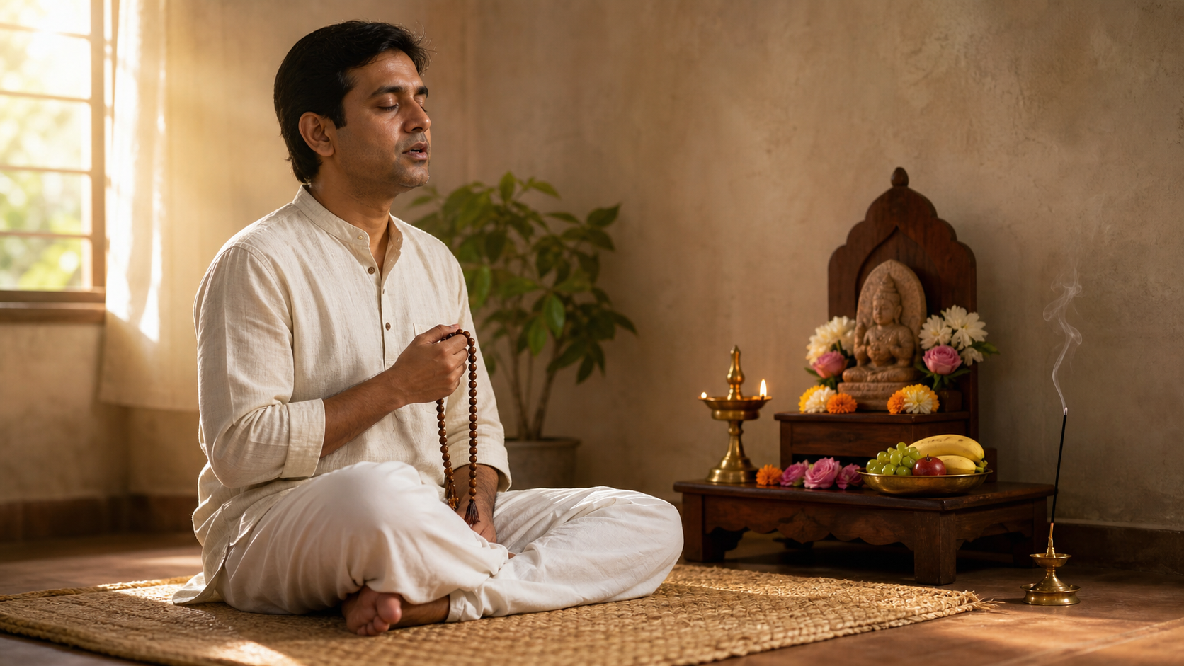A seated practitioner chants with prayer beads before a small home shrine with flowers, fruit, incense, and an oil lamp at dawn.