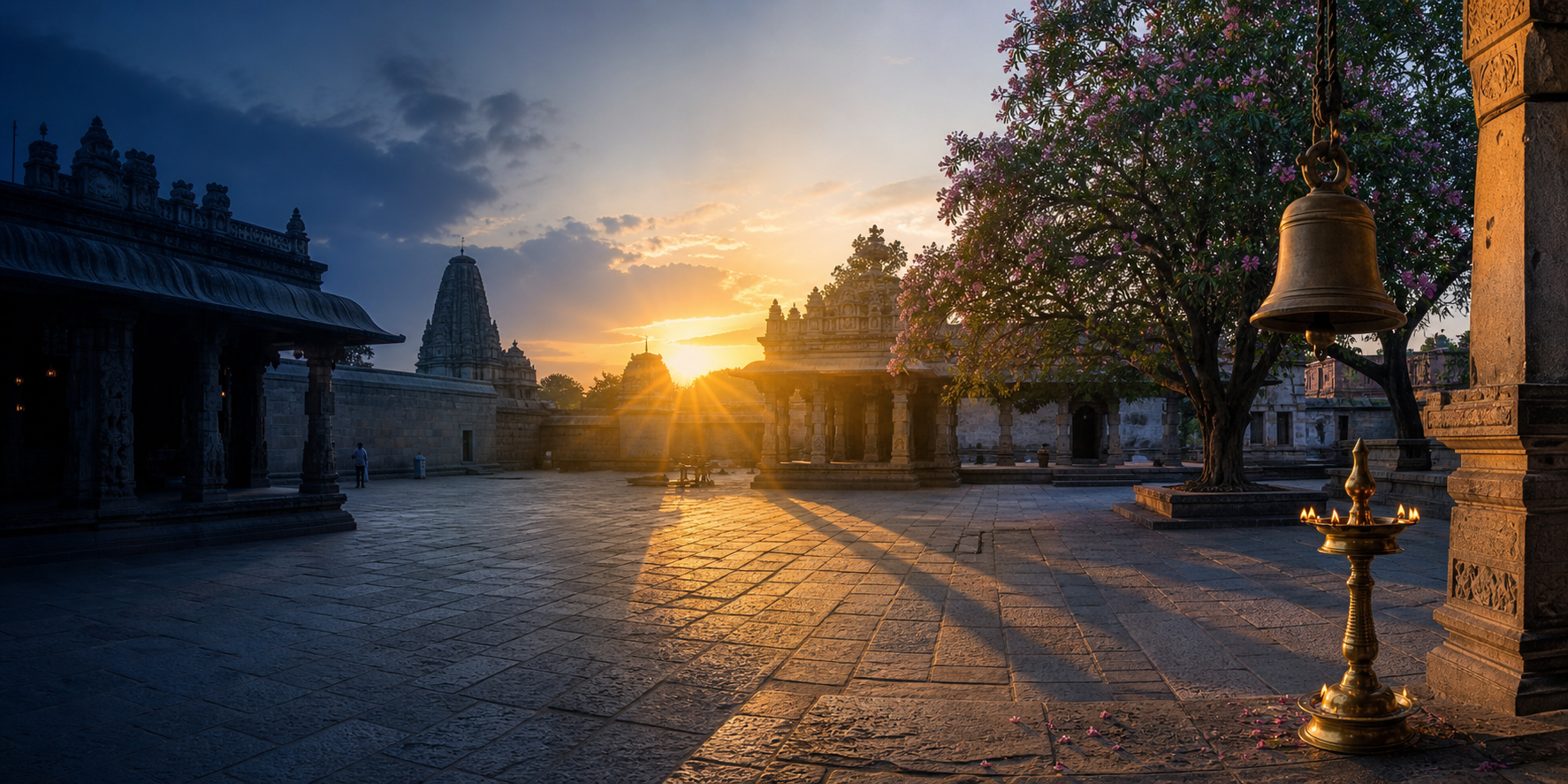 Changing morning light and long shadows cross a sandstone temple courtyard with an oil lamp, bell, and flowering tree.