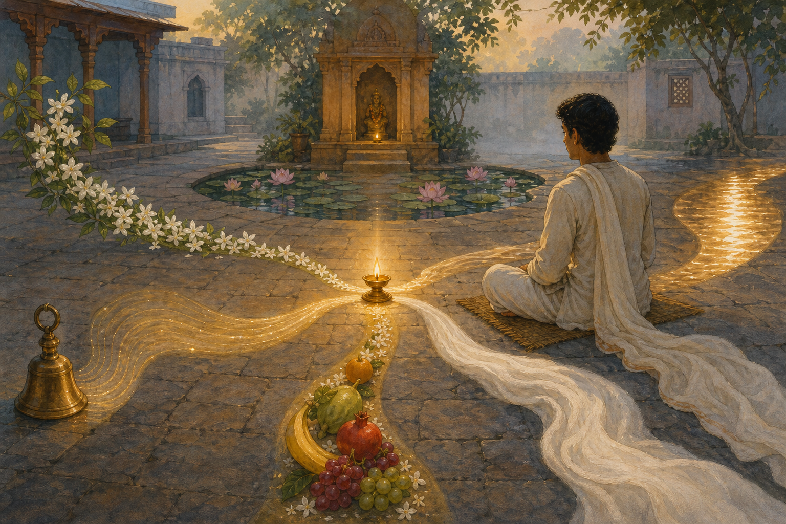 Five paths carrying flowers, a bell, fruit, cloth, and reflected light converge on a lamp beside a person meditating in a courtyard.
