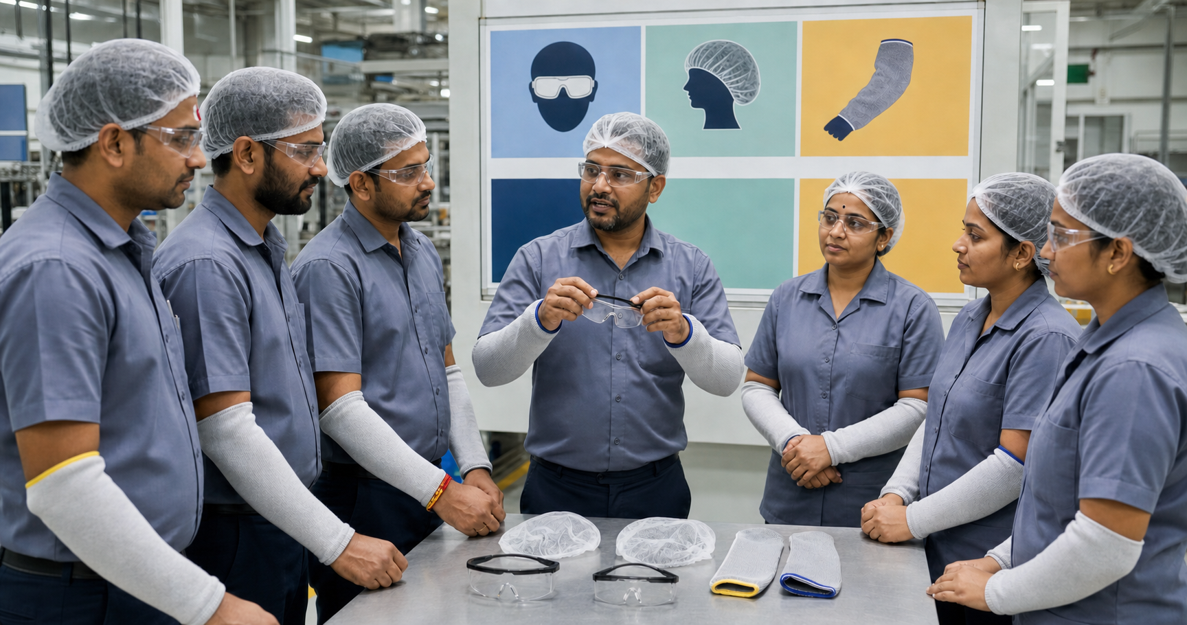 A supervisor gives a protective-equipment briefing to uniformed shop-floor workers, including employees wearing a tilak, bindi, and secured kalwa thread.