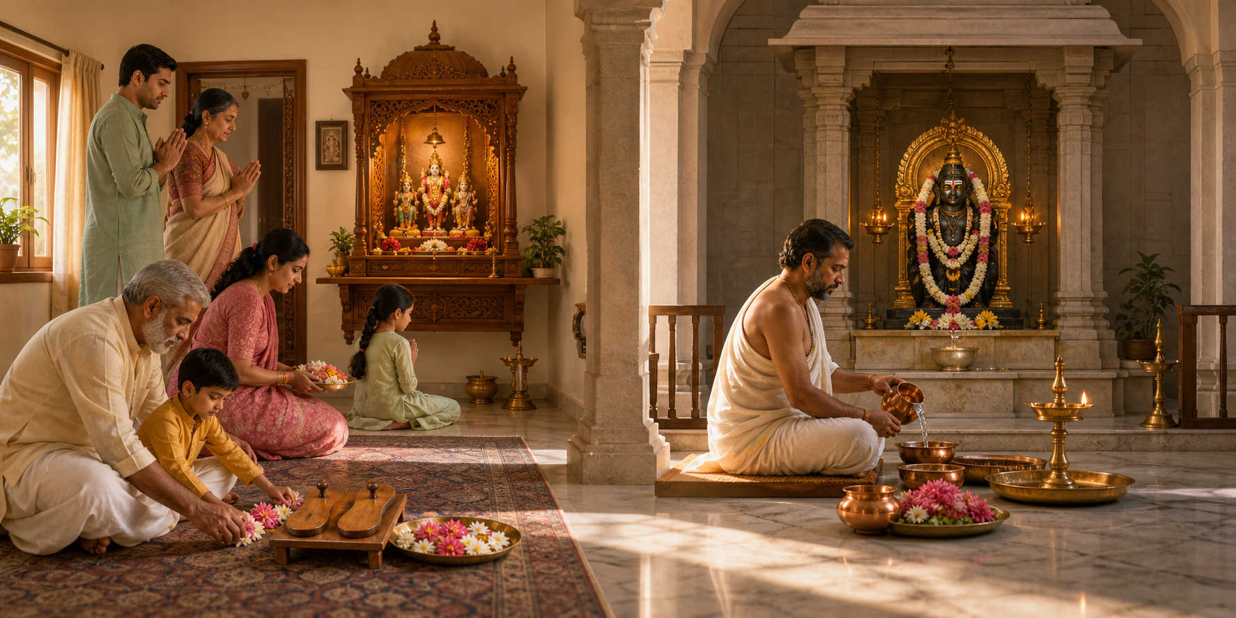 A family performs worship at a home shrine while a priest prepares offerings in a temple using a different ritual arrangement.