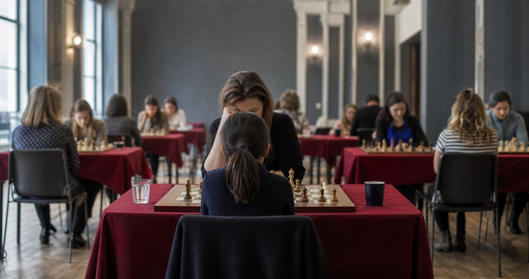A young chess player seen from behind competes at the first board among adult women in a tournament hall.