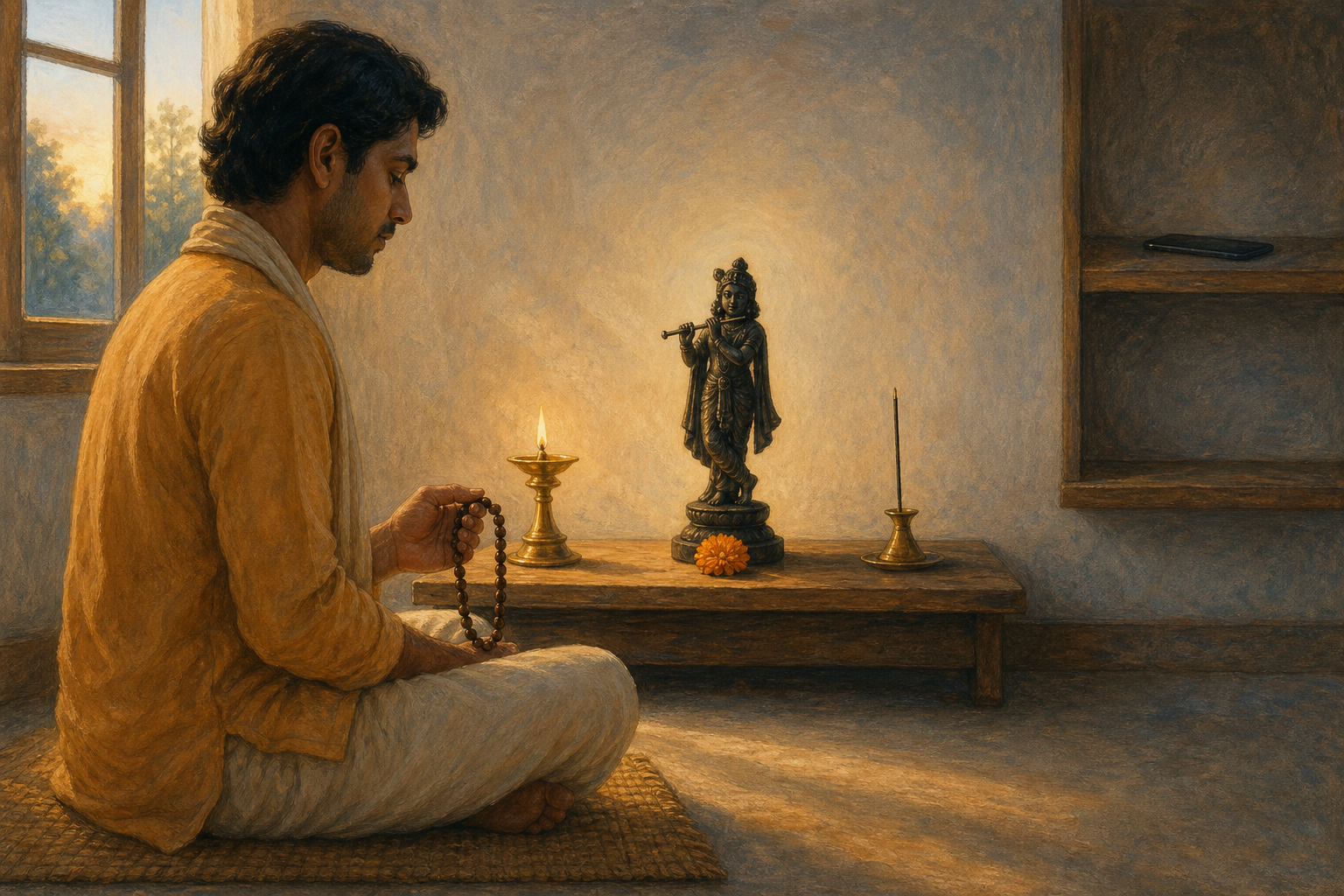 A person uses prayer beads before a simple home shrine while a face-down phone sits on a distant shelf.