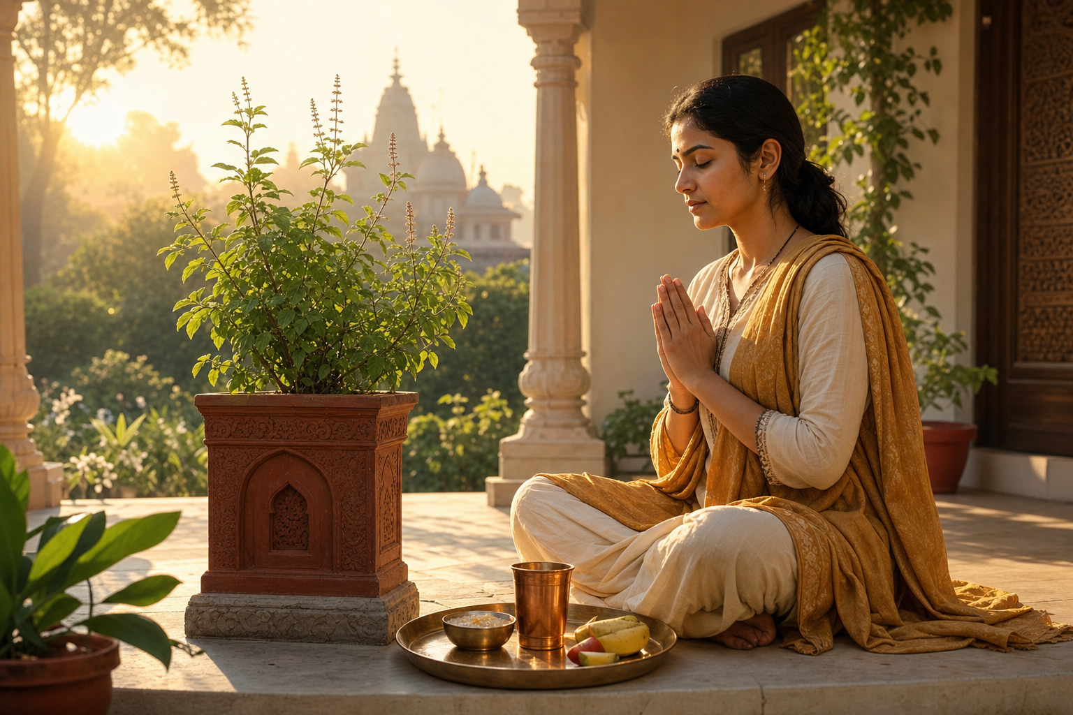 A devotee prays beside a tulsi plant after sunrise, with water, fruit, and a simple meal arranged for breaking the fast.